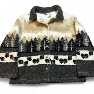 Vintage white stag nature outdoor all over print fleece jacket size large